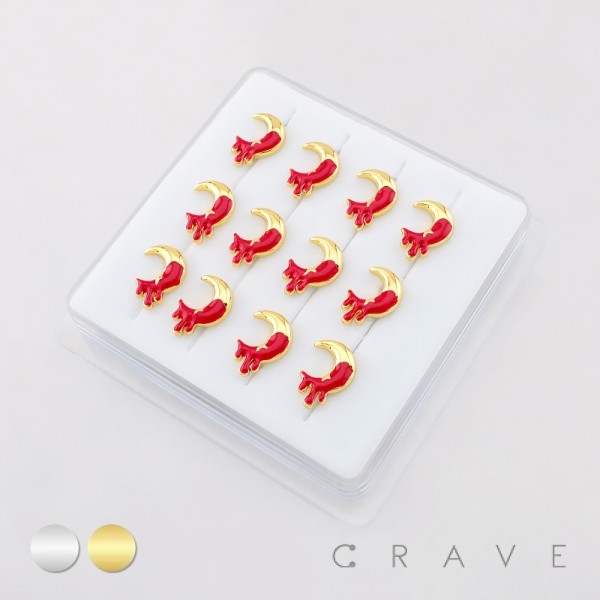 12PCS OF CZ BLOODY MOON BLEEEDING 316L SURGICAL STEEL L-SHAPE NOSE RING BOX